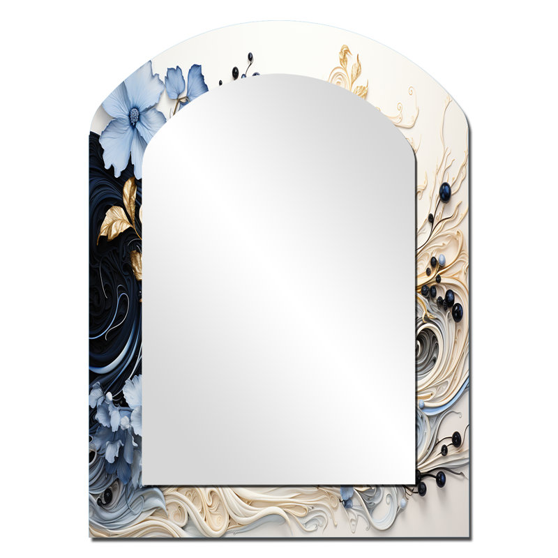 Encre liquide Spiralscape I - miroir à forme unique spirales abstraites, grand miroir mural doré, impression sur métal