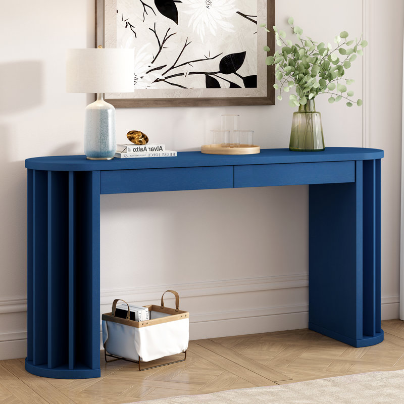 Console en placage de chêne, conception courbée, table d'entrée de ferme pour couloir, salon (bleu marine) | Idée de cadeau