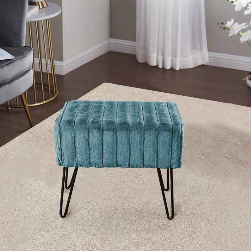 Defranco Upholstered Ottoman, Dark Teal Faux Fur