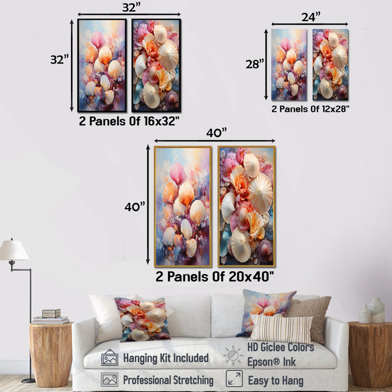 Ensemble de 2 décorations murales multicolores Seashells Coastal Collage, H 28 po x l 25 po, Toile tendue