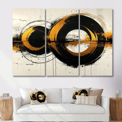Cercle abstrait en or et tons - formes abstraites, ensemble de salon d'art mural