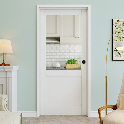 Porte pré-suspendue intérieure en verre transparent 32 po x 80 po avec bouton rond et charnières argentées demi-Lite, dalle de porte en verre transparent, peignable et imperméable, combinaison pour la lessive, portes de placard, portes de chambre, main gauche