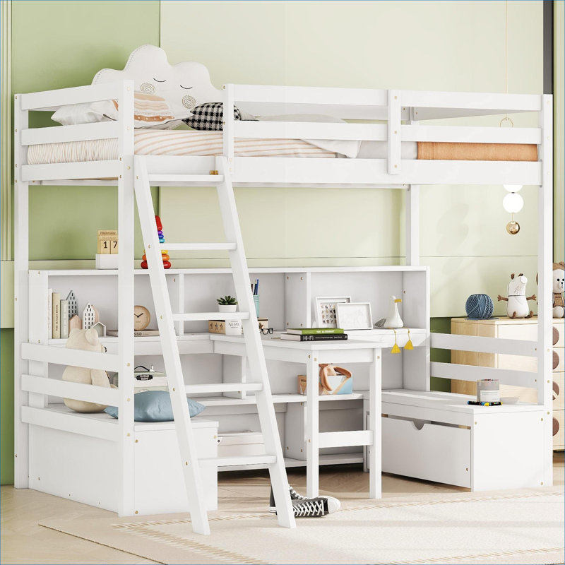 Lit mezzanine pour enfant multifonctionnel en pin massif blanc cassé avec tiroirs de siège de bureau intégrés et tablettes de rangement