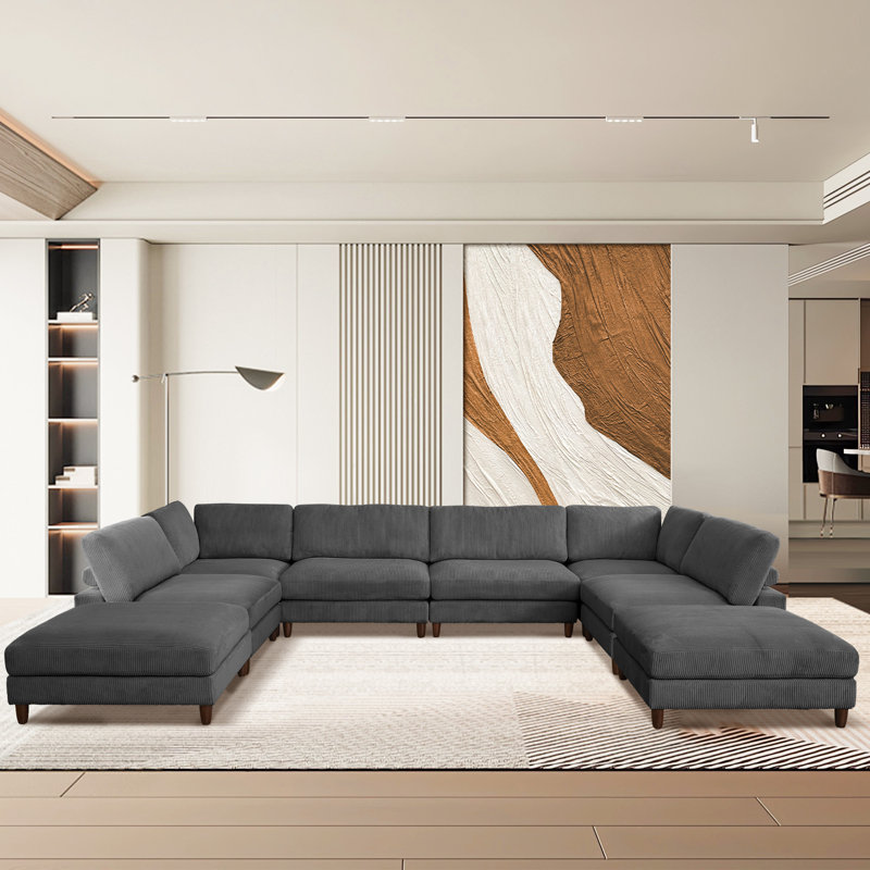 176" W 8-Piece Reversible Corduroy Modular Sectional , Gray Corduroy