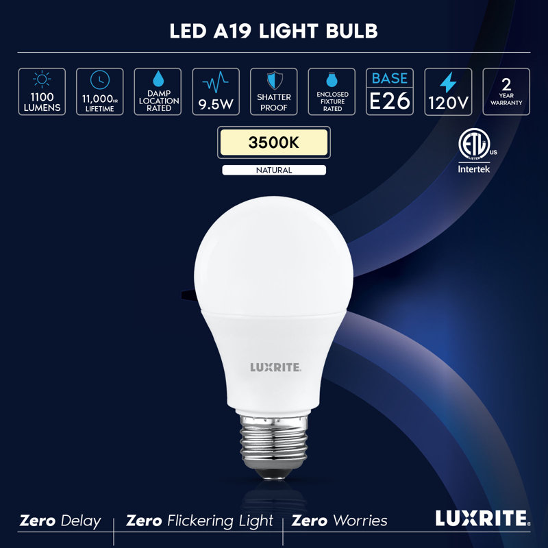Ampoule DEL Luxrite A19 9,5 W = 75 W, 3500 K, blanc naturel, 1100 LM, ampoules à DEL standard à intensité variable, non incluses, E26