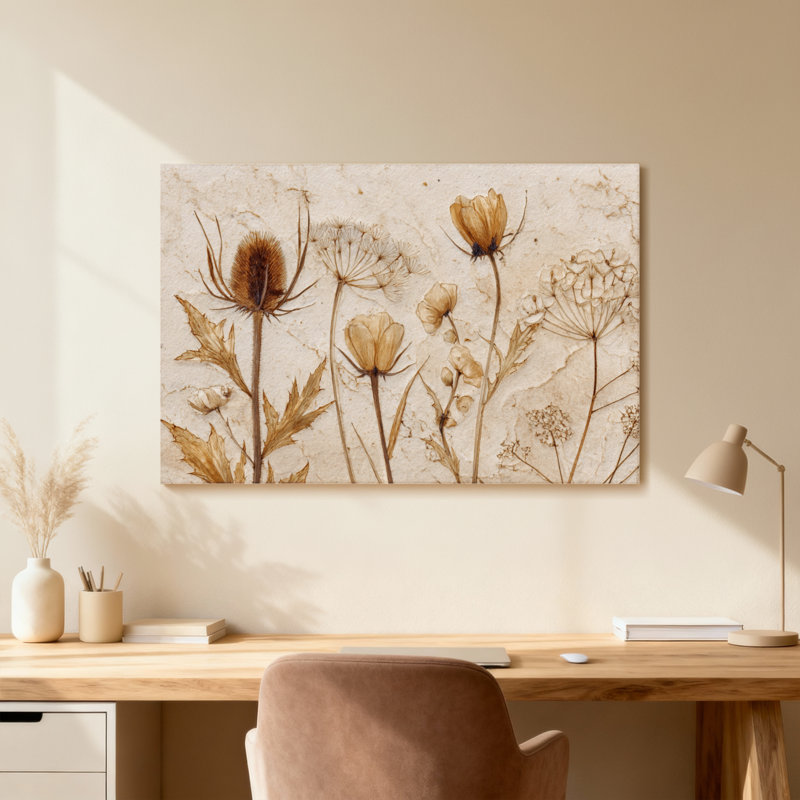 Plantes et fleurs pressées sur fond texturé, H 20 po x l 30 po, Toile tendue, Ne s’applique pas
