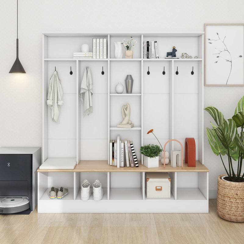 Arbre d'entrée large avec banc de rangement, armoire à chaussures minimaliste avec rangement cubique et tablettes, portemanteau multifonctionnel avec 8 crochets pour les entrées, vestibule