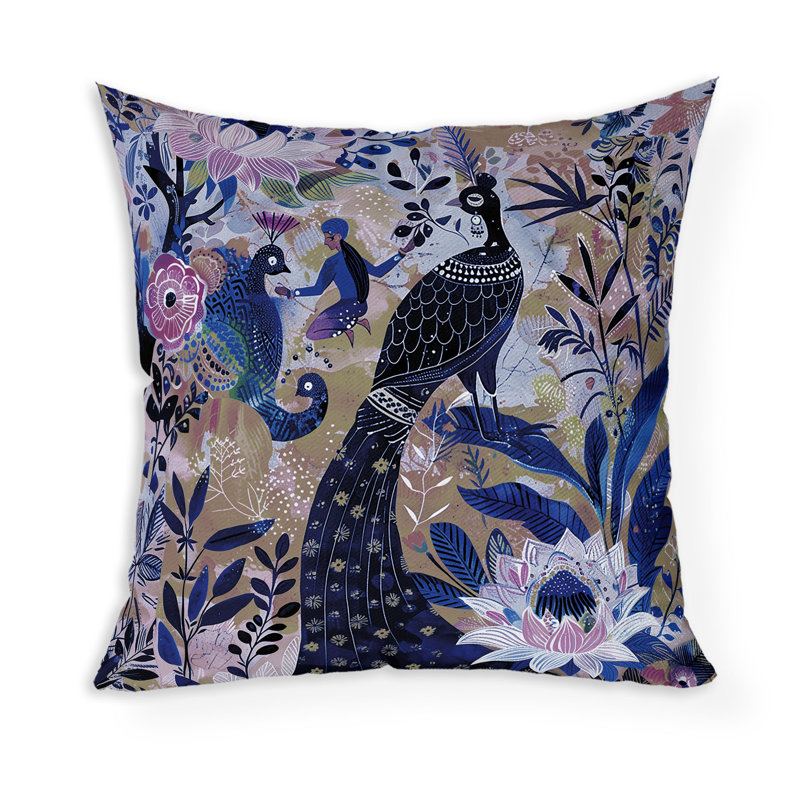 Coussin décoratif intérieur / extérieur Jungle Tapisserie, H 18 po x l 18 po, Bleu / Rose