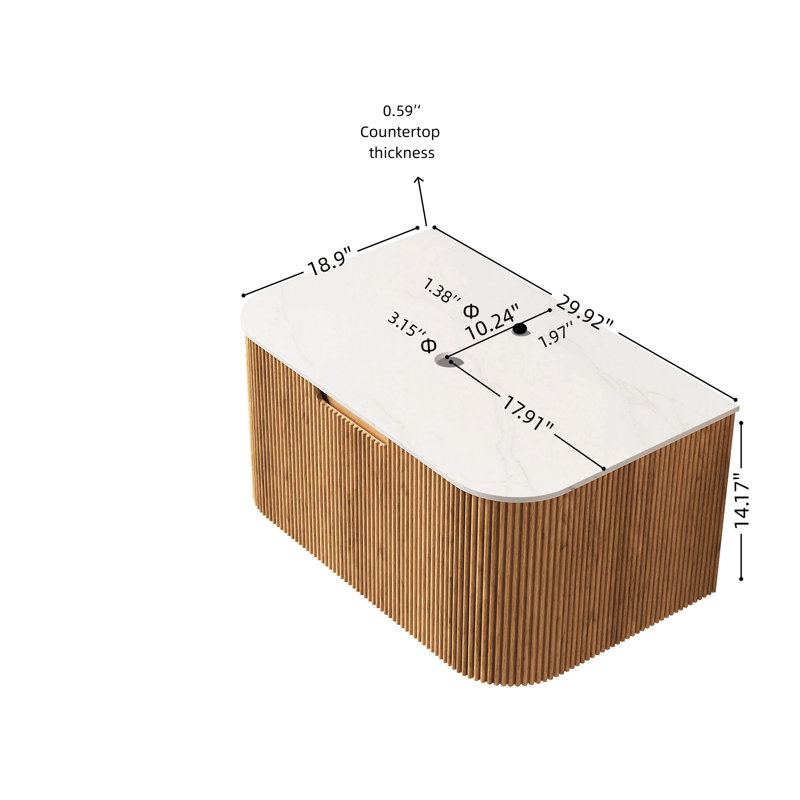 Armoire de salle de bain murale 30 po avec comptoir en marbre artificiel blanc, poignée de tiroir rainurée pour une utilisation sans effort, finition naturelle, structure en contreplaqué