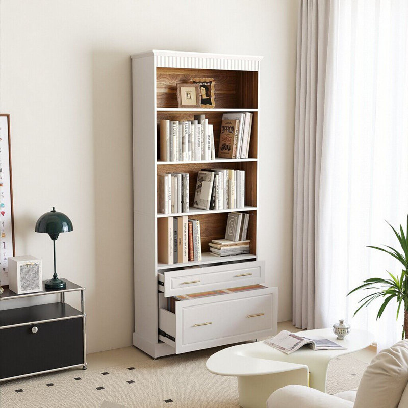 Bibliothèque 72 po à 4 niveaux avec 2 tiroirs coulissants pour bureau et maison