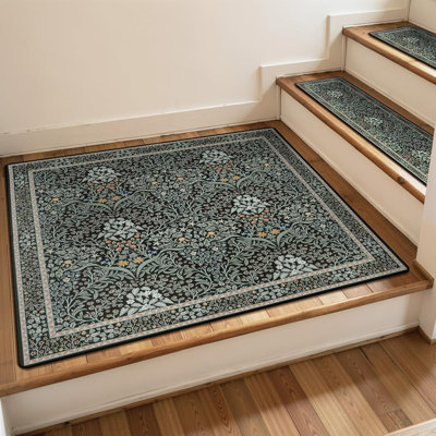 Tapis d'escalier antidérapant à motif floral pour marches d'escalier en bois | Tapis d'escalier pour tapis d'escalier 31 "x 31" pour enfants, personnes agées et chiens, couvre-escaliers, noir