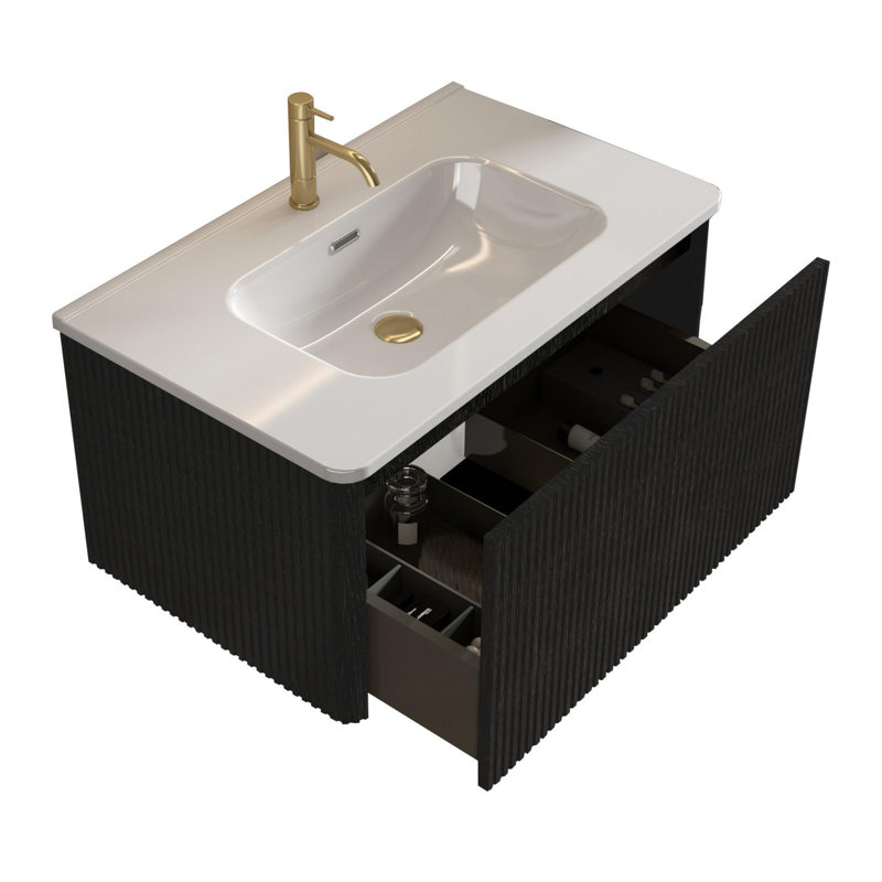 Meuble-lavabo flottant 30 po avec lavabo en céramique, Noir, noir, noir, noir