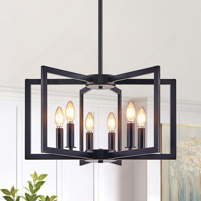 22" Modern Black Geometric 6-Light Chandelier – Industrial Metal Pendant Light Fixture For Living Room, Dining Room, Or Kitchen (Bulb Not Included)