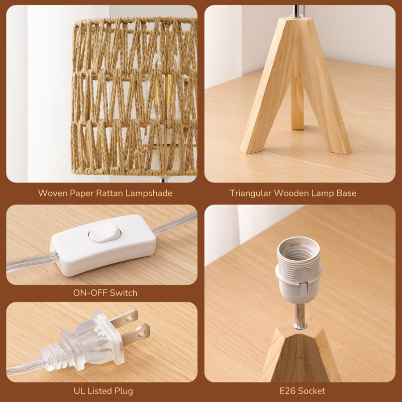 Aurion 14.2" Light Brown Solid Wood Tripod Table Lamp Set with Rattan Shade