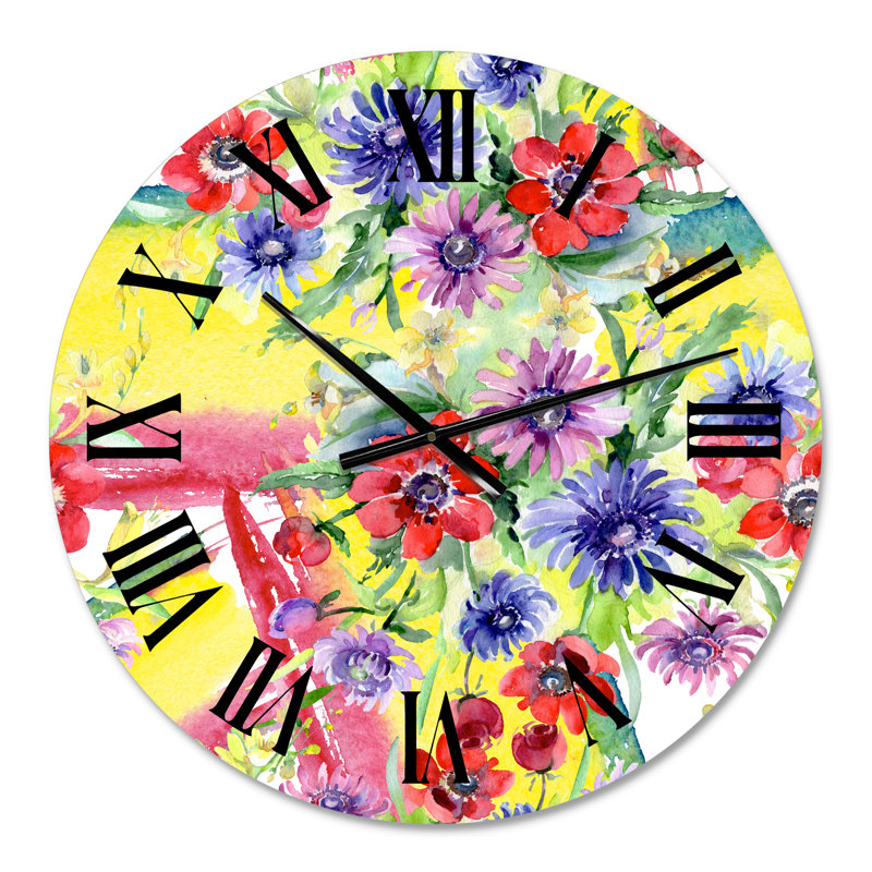 Vibrant Wild Spring Leaves and Wildflowers V - Horloge murale moderne, Petit