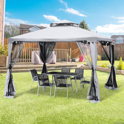 Pavillon de jardin extérieur 9,6 pi avec 2 toits et filets, abri à baldaquin à cadre en acier pour le jardin, la pelouse, la cour, la terrasse, imperméable, gris
