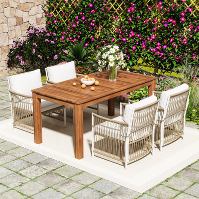 5-Piece Acacia Wood Outdoor Dining Set with Hand-Woven Rattan Chairs, Cushions and Durable Iron Frame