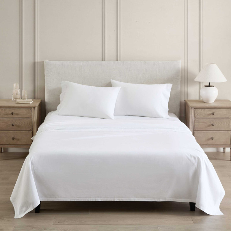 Martha Stewart Lilly Pond Leaf Embroidered Cotton Sheet Set, Twin Sheet Set with 1 Standard Pillowcase, Green