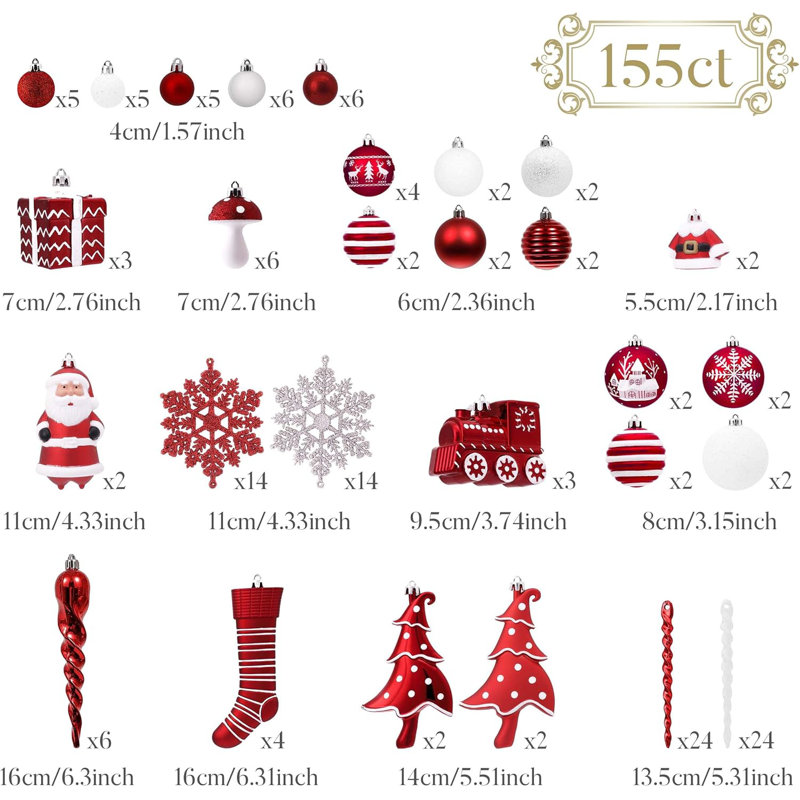  Ensemble de décorations de Noël de 155 carats de Noël, variété de décorations d'arbre de Noël incassables rouges et blanches en vrac, décorations suspendues traditionnelles pour arbres de Noël, décoration de fête