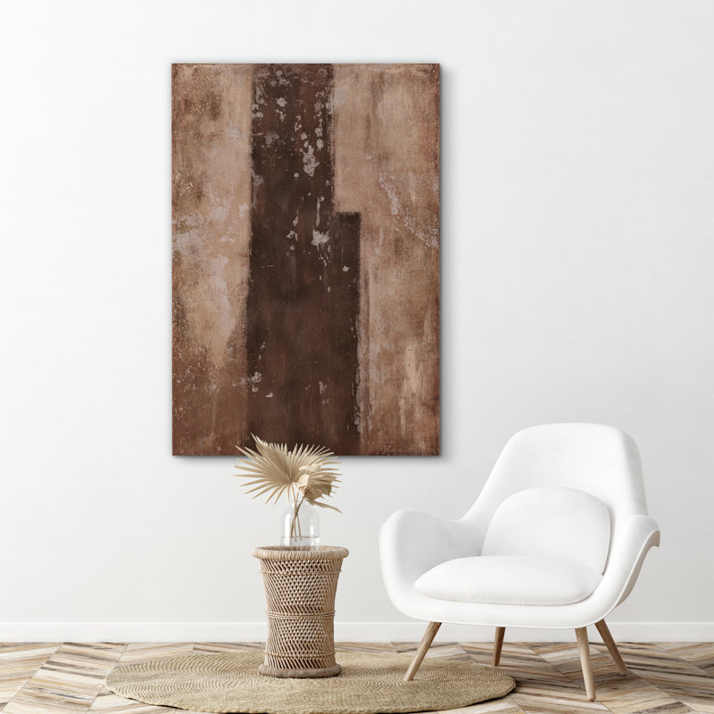 Style Mid-Century brun foncé, formes abstraites neutres, grand cadre rustique, décor minimaliste M26, Toile tendue