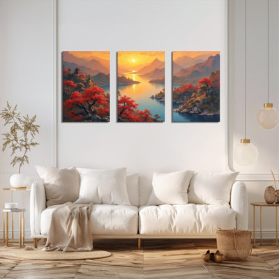 Paysage de montagne d'automne avec arbres rouges et pagode - Tableau sur toile (lot de 3)