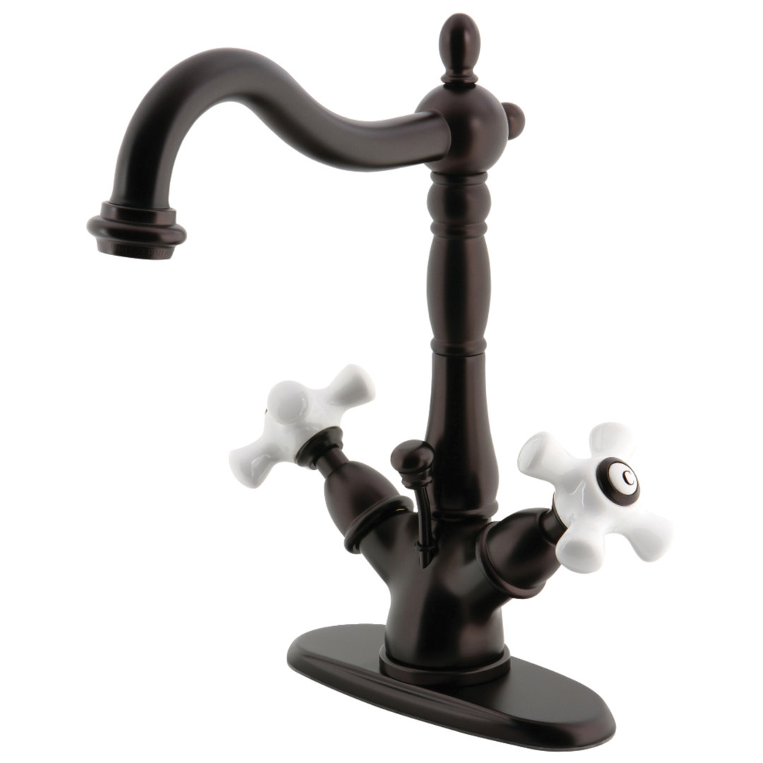 Kingston Brass Heritage Two-Handle 1-or-3 Hole Deck Mount Bathroom Faucet with Brass Pop-Up Kingston Brass 