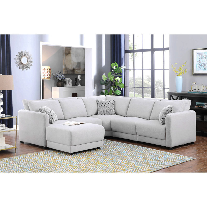 Penelope 94.5" Light Grey Linen Fabric Reversible L-Shape Sectional Sofa With Ottoman And Pillows, Left Hand Facing