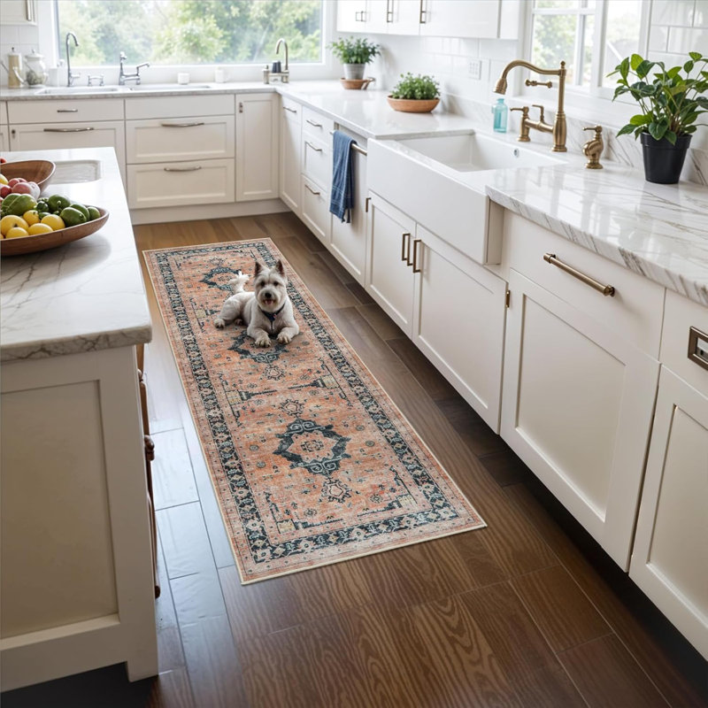 Hallway Washable Rug - Kitchen Rugs Entryway Rug Vintage Soft Floor Mat Non Slip Indoor Farmhouse Carpet for Bathroom Living Room Bedroom (Orange)