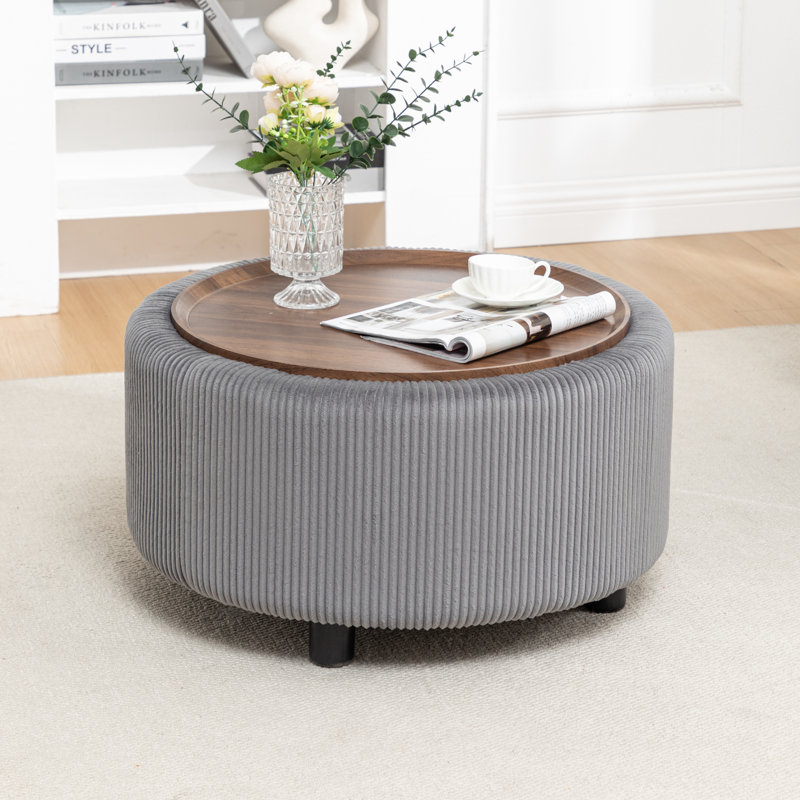 Table basse ronde avec rangement Pietsch, Velours côtelé gris