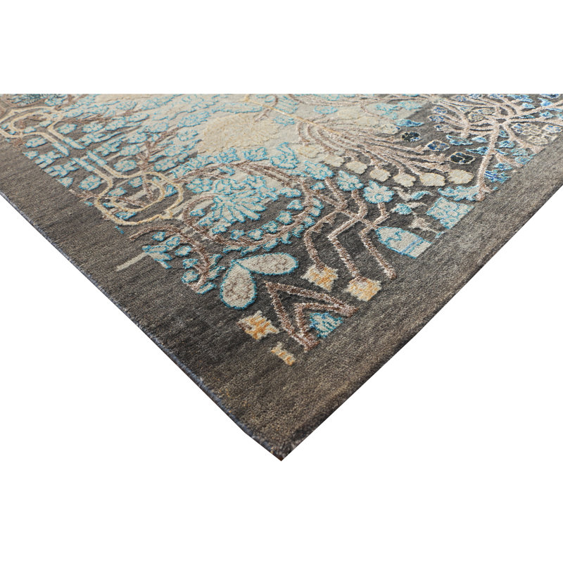 Hand Knotted Damask Area Rug in Blue/Gray/Black, Rectangle 9' x 12'