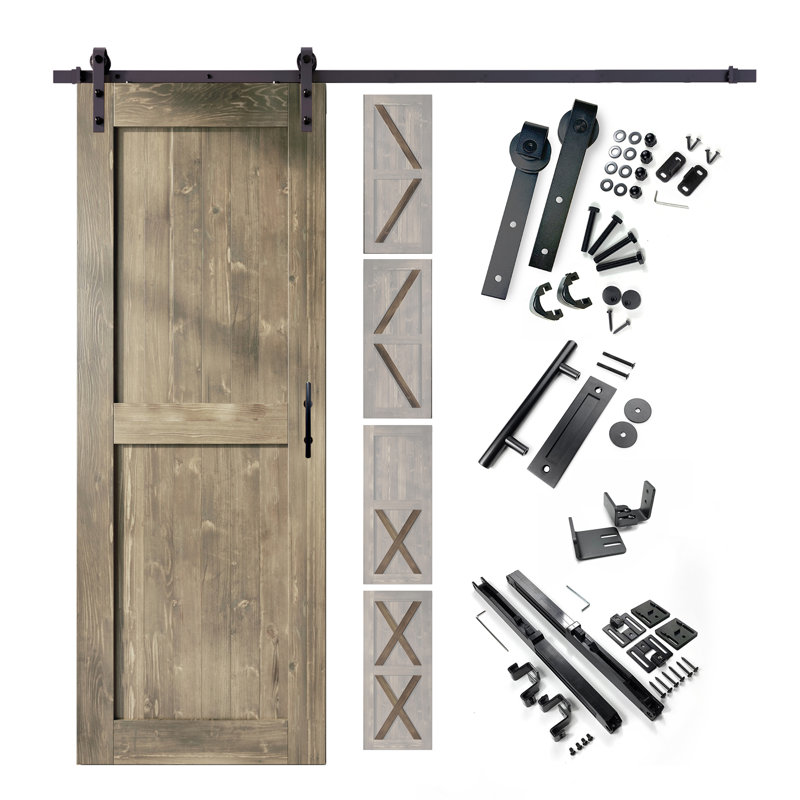 Porte de grange peinte 84 po à panneaux 5 en 1 avec quincaillerie d'installation, 36 po x 84 po, gris