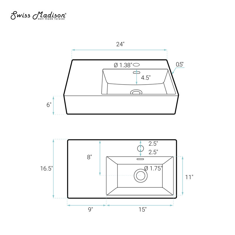 St. Tropez 24" Rectangle Wall-Mounted Sink with Right Side Faucet Mount, White