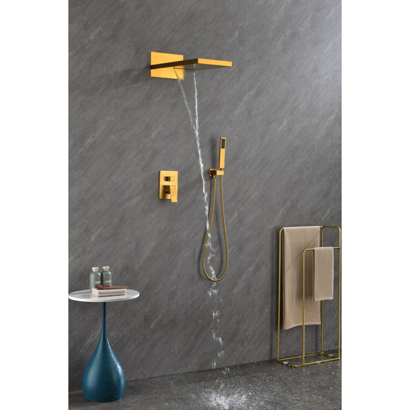 Système de douche de salle de bain avec tête haute rectangulaire et main - Garniture laiton doré