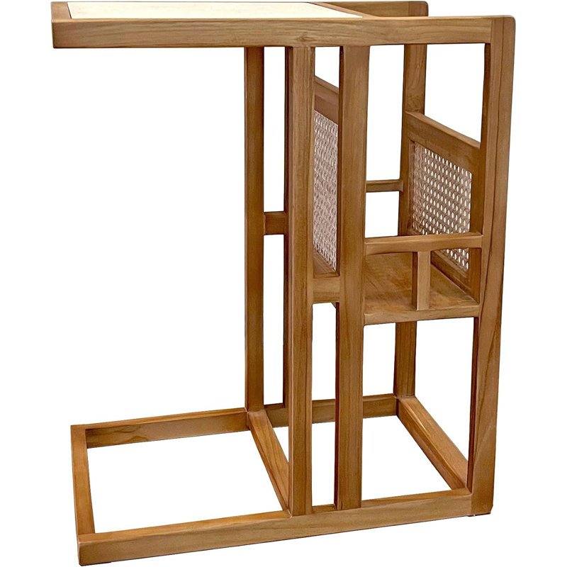 Solid Teak Side Table With Magazine Rack, C Shapped End Table For Couch, Sofa And Desk, Teak Magazine Rack C-Table With Terrazzo Table Top, Fully Assembled