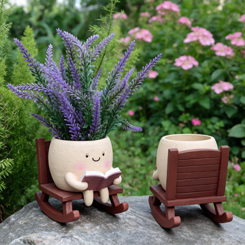 Latitude Run® Cute Face Succulent Planter, Funny Rocking Chair Reading ...