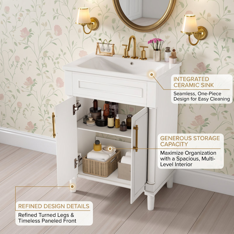 24 " W Freestanding Standard Free Standing Single Double Single Vanity Bathroom Vanity With Ceramic Top, White