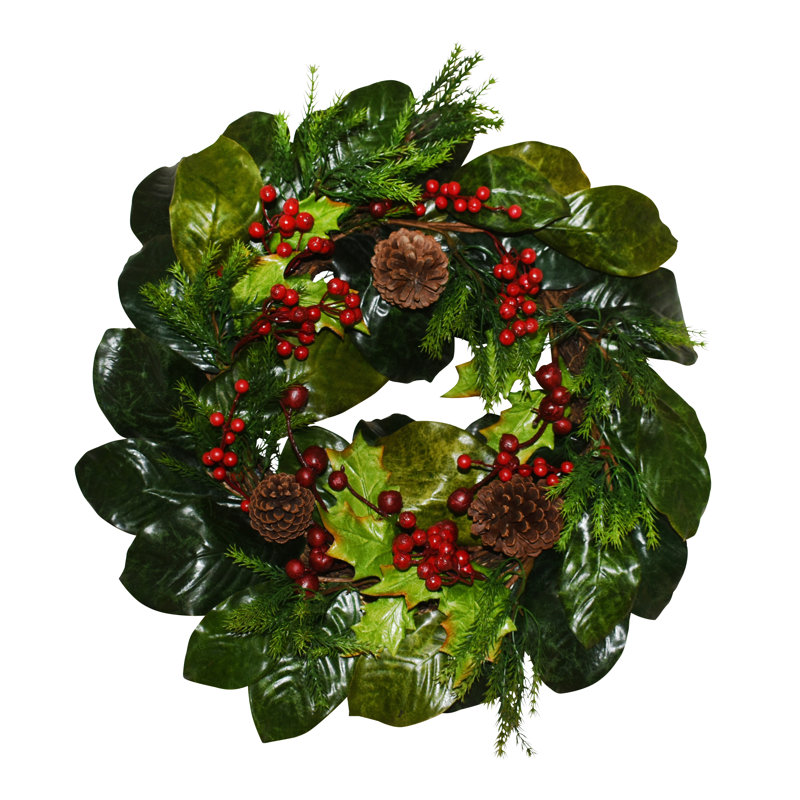 Couronne de sapin de 61 cm (24 po) avec houx, baies rouges et pommes de pin