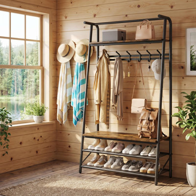 Organisateur de vestibule 4 en 1 avec portemanteau, banc à chaussures et tablette à 3 niveaux, capacité de 350 lb, structure en métal robuste pour le vestibule, finition brun rustique
