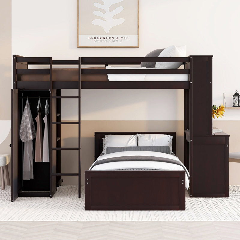 Loft Bed with a Stand-alone bed, Shelves,Desk,and Wardrobe, Twin, Espresso