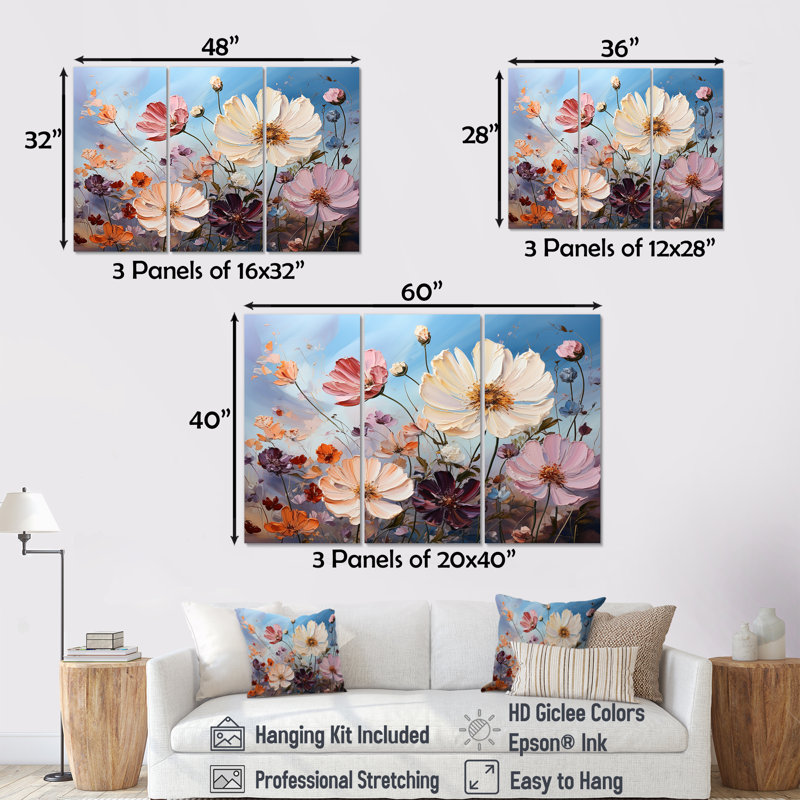 Spatule rose et blanche Zinnias Art I - ensemble de décoration murale champ de fleurs, H 40 po x l 60 po x P 1 po