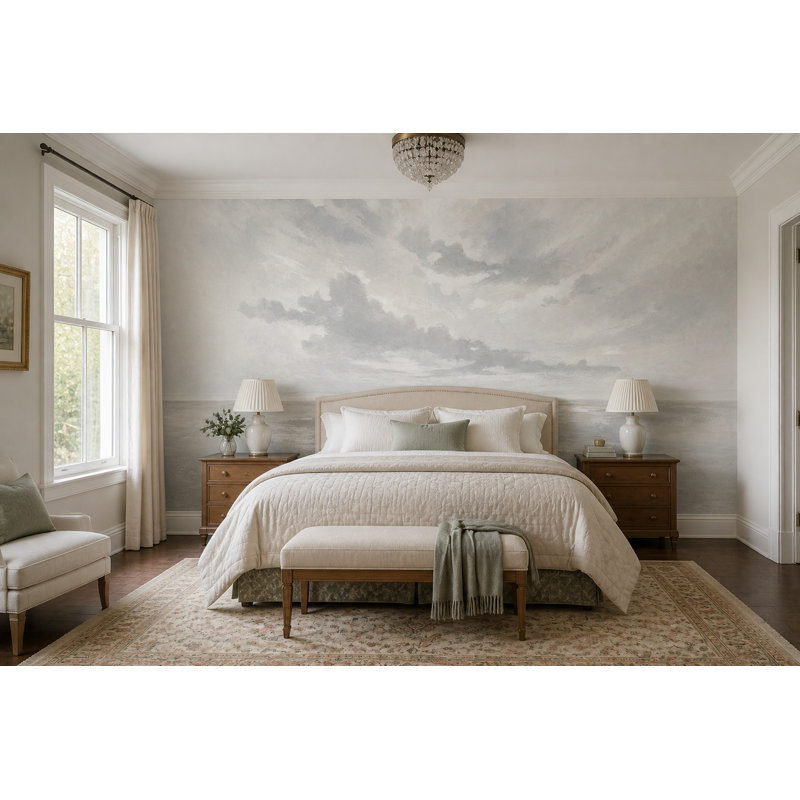 Papier peint ciel nuageux, horizon brumeux, fresque murale, 100"x96", Non-Woven Nonpasted