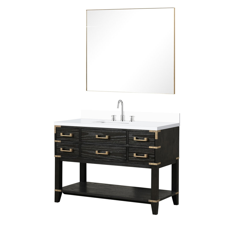 48 po De salle de bain en chêne noir avec surface en marbre de culture et robinet, miroir de 46 po - salle de bain élégante avec dessus élégant