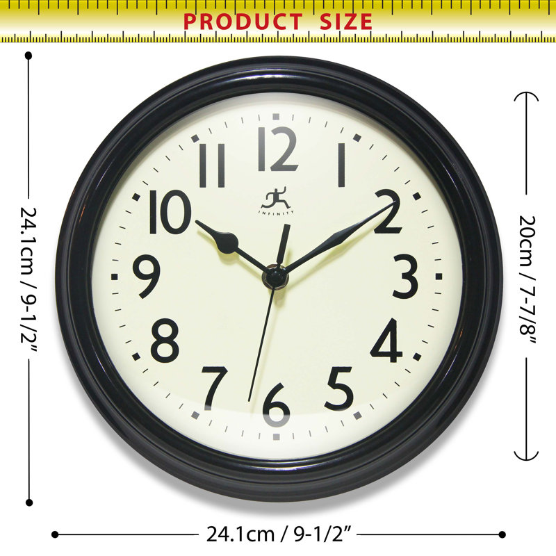 Midcentury/Modern Round Plastic Wall Clock 9.5 Inches, Black