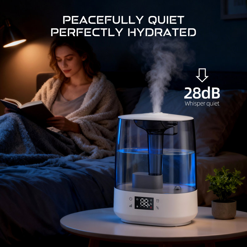 Humidificateur à vapeur froide pour chambre à coucher avec grand réservoir de remplissage supérieur, fonctionnement silencieux et brume à 360 degrés