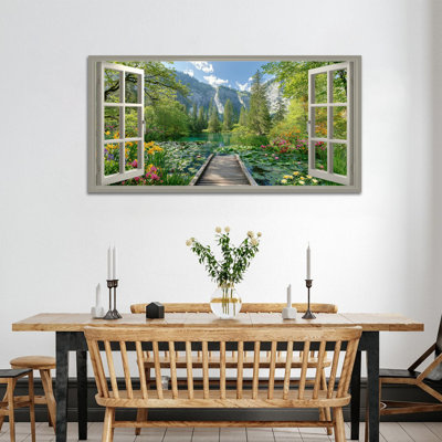 Spring Canvas Wall Art, Nature Landscape Pictures, Faux Window Large Floral Prints Wall Decor for Living Room, Bedroom Painting, Tree Artwork Poster