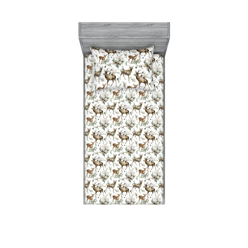 Ambesonne Fitted Sheet & Shams, Twin Sheet Set with 1 Pillowcase, Laurel Green/White Floral