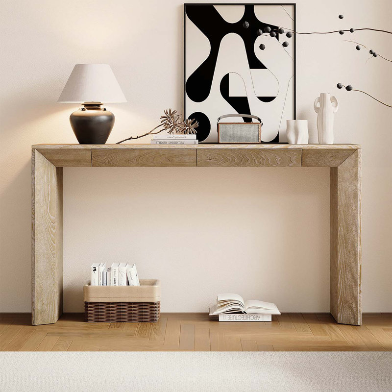 Modern Farmhouse Console Table with 2 Concealed Drawers,Waterfall Design for Living Room, Natural