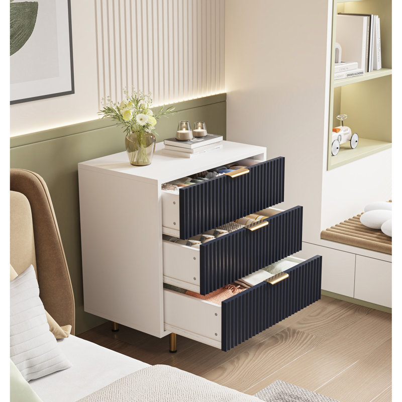 Commode moderne à 3 tiroirs, chambre à coucher, salon, tiroirs faciles à ouvrir, commode en métal blanche et bleue avec pieds cannelés, structure stable