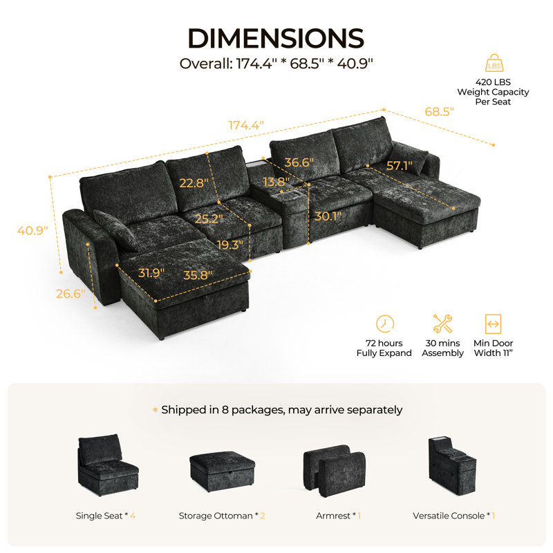 U-shaped 6-seater Sectional Couch Chenille Oversized Modular Sofa Cloud Couch With Versatile Console, Convertible Side Table Charging Storage Cup Holder