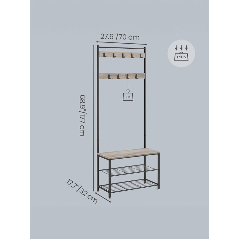 Coat Rack, Hall Tree with Shoe Storage Bench, 32 x 70 x 175 cm, Industrial, Greige